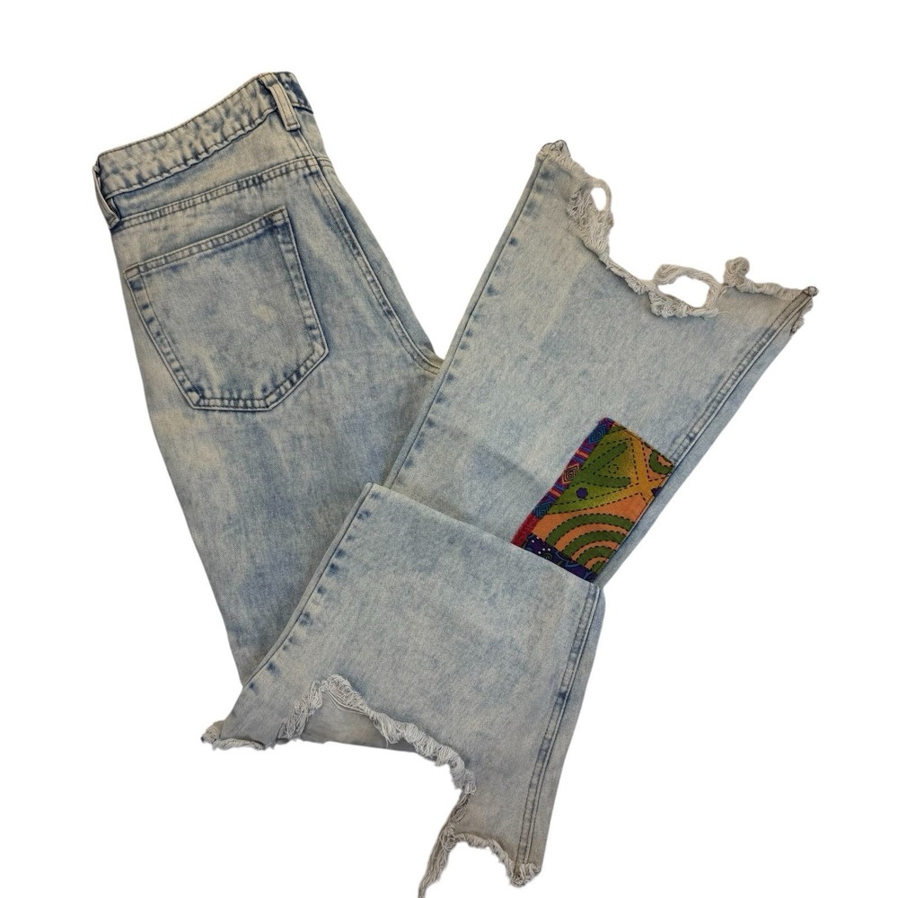 Almost Famous Y2K Lowrise Flare Jeans Patchwork Raw Hem Bellacore Womens 9 Read!